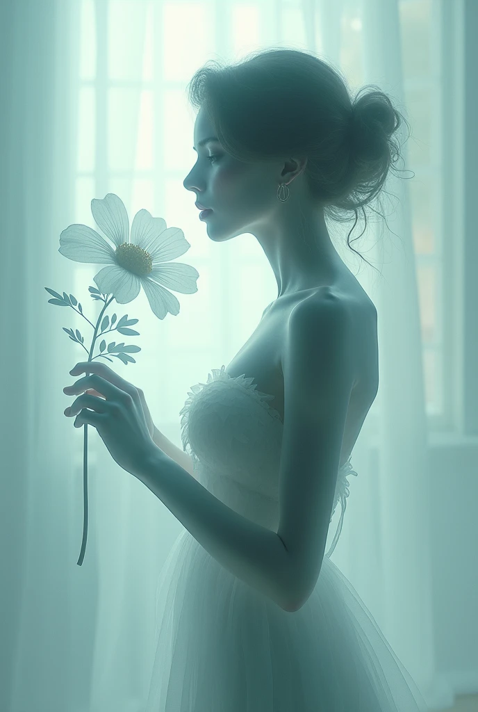 🌺“(X-ray style): A transparent ethereal female silhouette holding a transparent flower, ethereal, dreamlike, artistic, masterpiece.“