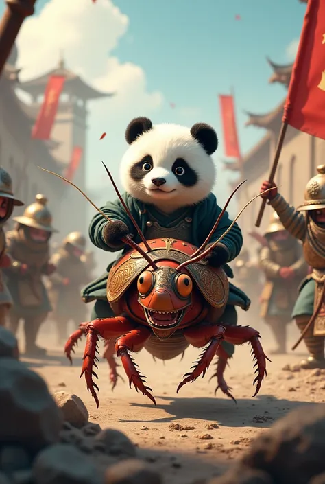 Cute panda riding a cockroach, fighting in the Three Kingdoms era