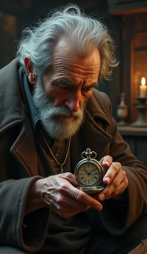 Oldman holding a old watch 
