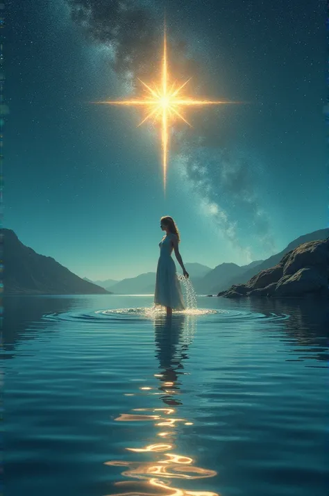 Star letter , a woman floating on a crystal clear lake, with a huge bright star reflected in the water below it. around, haveria pethannas estrelas cintilantes than representariam guias espirituais. She would be pouring water from a container, than, when f...