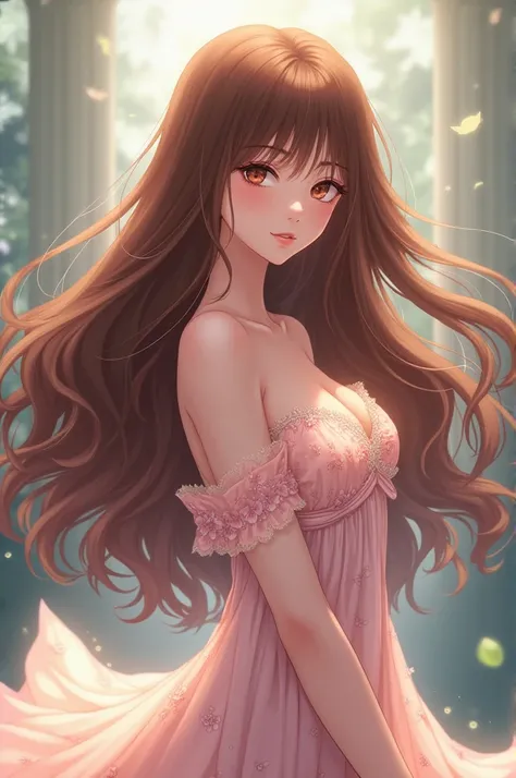 A woman with long wavy brown hair wearing a long dress, flowery and glued and beautiful.
anime
