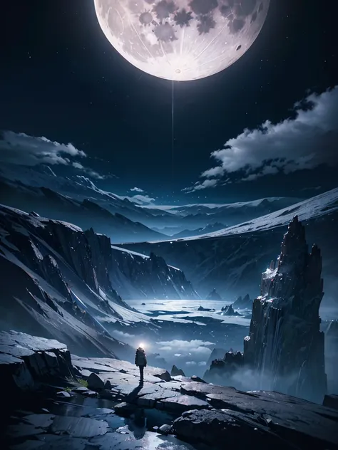 a full moon in a night sky, moonlight, stars, clouds, serene landscape, detailed moon surface, craters, mountains, (best quality,4k,8k,highres,masterpiece:1.2),ultra-detailed,landscape,dramatic lighting,cinematic,muted colors,moody atmosphere