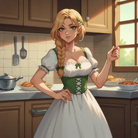 Woman, cartoon screencap, kitchen, dirndl dress, looking at viewer,  adult woman, medium boobs, Braided   hair,  Decollete, 