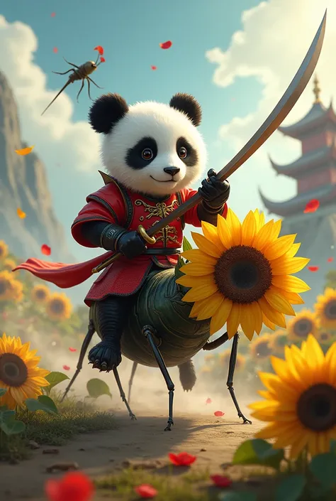 Panda general riding a cute cockroach, fighting in the Three Kingdoms era, Sunflower