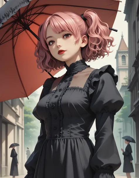 Gothic,extremely detailed,Detailed dress,Gorgeous,Japanese,25 yo,tareme,pink hair,wavy hair,short twintail,busty,long sleeves,frill,red lips,umbrella