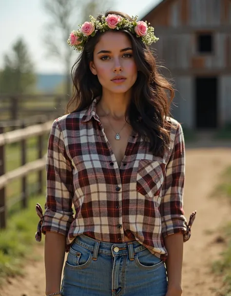 Generate an image of a brunette woman with light brown skin, C cup breasts, 1.71m tall, slender, and beautiful, with a triangular body shape, standing in a rustic farm setting. She is dressed in casual farm attire: a fitted plaid button-up shirt with sleev...