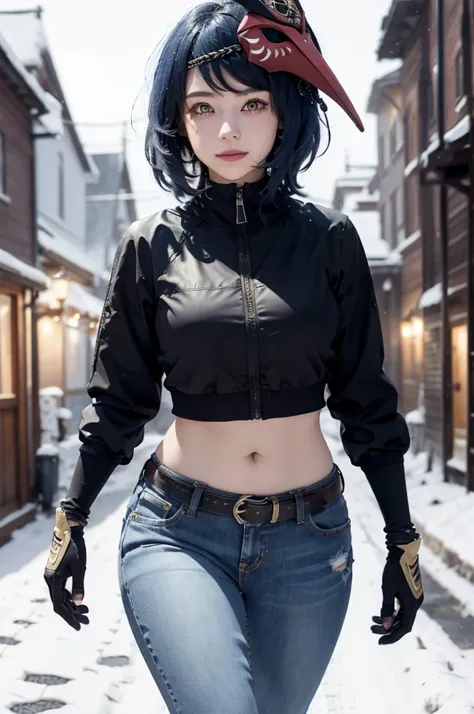 1girl, (long sleeved puffer coat, long jeans, iron belt), ((midriff, navel)), looking at viewer, smile, snowy town, (cinematic lighting, best quality, masterpiece, high details, best quality, highres, HD, 4K, 8k, super detail), long hair, (kujou sara:1.3, ...