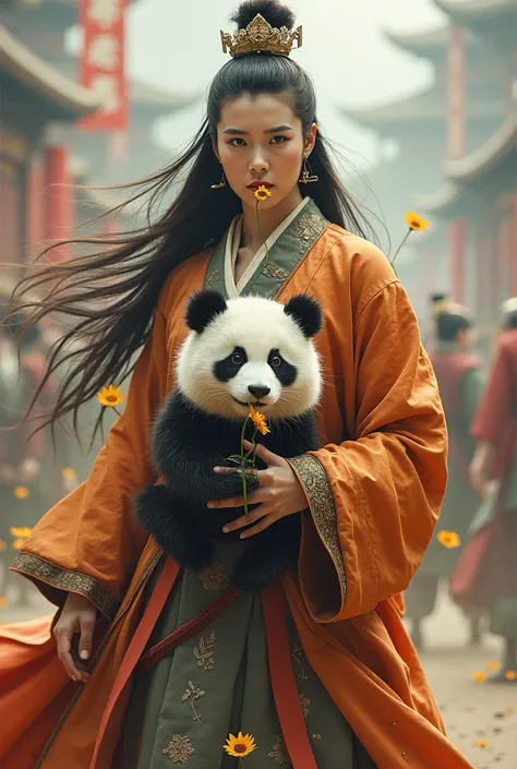 A long-haired Chinese general wearing ancient Chinese clothing, a cute panda riding a cockroach, fighting in the Three Kingdoms era, holding a sunflower in her mouth.