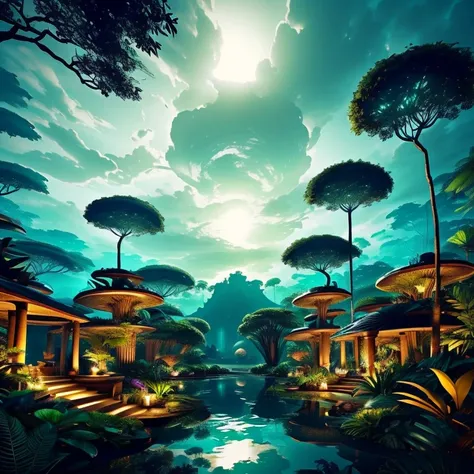 Create an image of a beautiful fifty-five-year-old woman with generous curves, dressed in a turquoise-blue dress, walking through a lush jungle at night. The jungle is filled with giant ferns, creating a vibrant and supernatural environment. The night sky ...