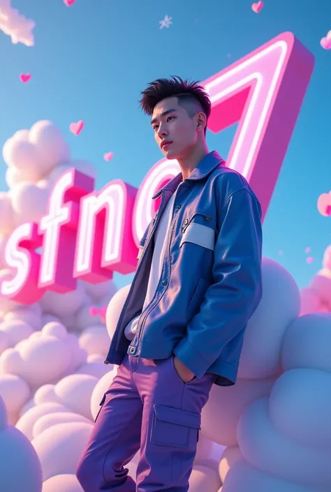 (A photo of a beautiful korean boy  with   undercut black  hair .he is standing side of the large name "STFNO7 EDITOR". he is dressed in a blue and white leather jacket top and purple cargo pants outfit. The man is seated behind of a large, vibrant 3D rend...