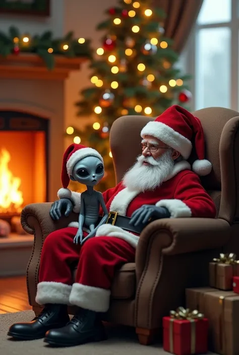 house christmas armchair christmas tree fireplace gift grey alien sitting with santa hat 