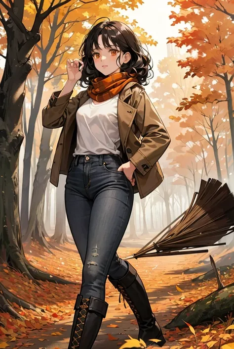 the girl has black curly hair, orange eyes, in an unbuttoned jacket, gray T-shirt, black jeans, brown high boots, collects fallen leaves in piles with a rake, a bright scarf, autumn, cloudy, park, many trees and paths