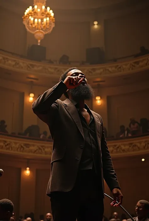 Um cantor negro de congo 🇨🇩  com muita barba está bebendo água no palco de um grande sala de espetáculo 