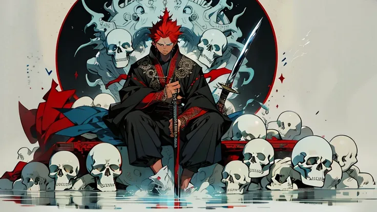 A highly detailed, high-quality, anime-style illustration of a male character wielding a sword with a mystical aura, possessing angelic wings, spiky red hair, and blue eyes, wearing a red and black contrasting robe, with a demonic possession, a wild, rugge...