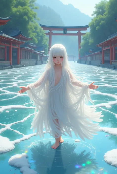 Shrine maiden、A curved shore in the distance、Majestic torii gates and shrines、forest、子供のShrine maiden、The goddess、White Hair、Japanese women、Ice on the lake、frost、Zigzag cracks in the ice、Open your arms、Thin feather robe、transparentな衣、transparent、Unbuttoned...