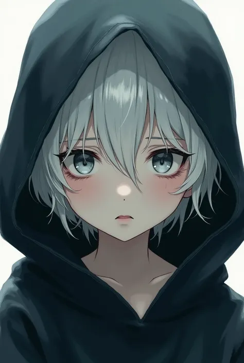 Anime style young boy with white hair, light eyes and dark circles in a hood 
