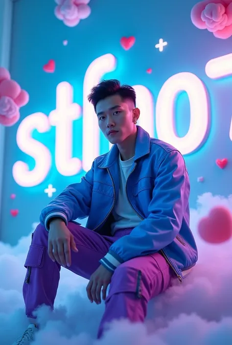 (A photo of a beautiful korean boy  with   undercut black  hair .he is  front of the large name "STFNO7 EDITOR". he is dressed in a blue and white leather jacket top and purple cargo pants outfit. The man is seated behind of a large, vibrant 3D render of t...