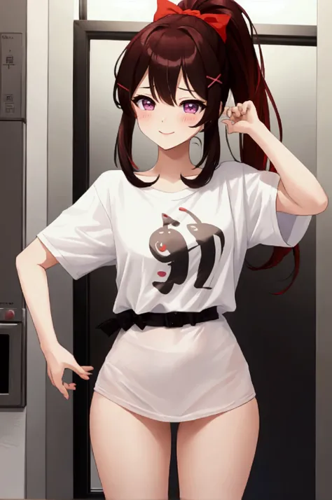 Chica standing posando, anime girl style, smiling face closing eyes with blush, high ponytail hairstyle, one Ponytail hairstyle, Ponytail hairstyle, white hair, Waist length wavy black hair, standing posando, anime girl style, anime,penetrating gaze with d...