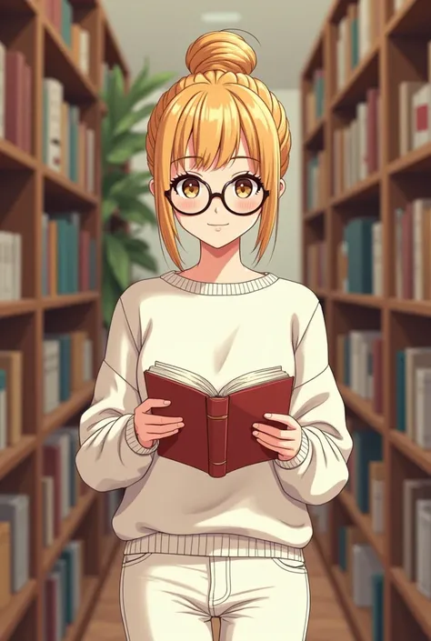 Fond bibliothèque avec une femme corpulence moyenne cheveux blond attaché en chignon avec un sweat blanc et un jean blanc avec un livre à la main style manga avec des lunette 