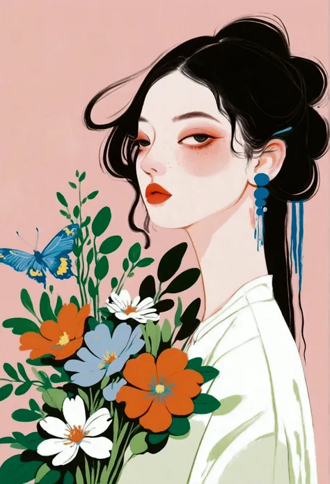 painting of a woman with flowers in her hair and a black choke, lois van rossdraws, by Gao Cen, inspired by James Jean, illustration painting, inspired by Hsiao-Ron Cheng, painterly illustration, serene illustration, watercolor illustration style, trending...