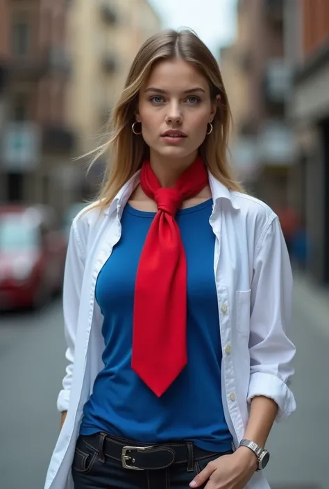 A woman wearing a blue T-shirt, a loose, unbuttoned white shirt, and a red tie over it.