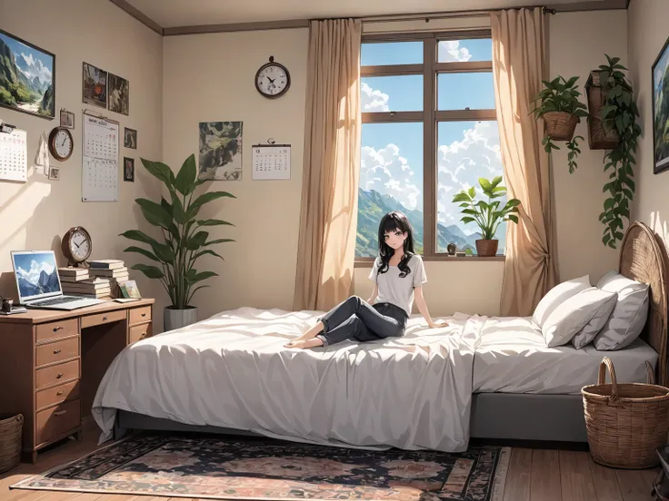 (JJROOM, scenery,clock, bed, indoors, curtains, window, sitting, black hair, plant, book, calendar (object), computer, shirt, pants, bedroom, chair, rug, air conditioner, wide shot, laptop, 1girl, basket,:1.6), 
(mxtlvx1:1.6), asian, black long hair, bangs...