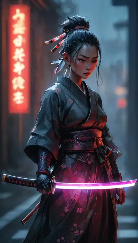 one girl, Samurai, 25yo woman, hyperrealism, very detailed skin, 4k,,, AshleyWoodArtAI,, katana profile picture, Organic Painting, night time, Matte Painting, bold shapes, hard edges, street art, trending on artstation, by Huang Guangjian and Gil Elvgren a...