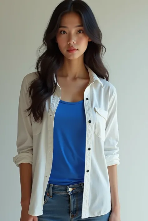 A woman wearing a blue T-shirt and a loose, two-button white shirt over it.