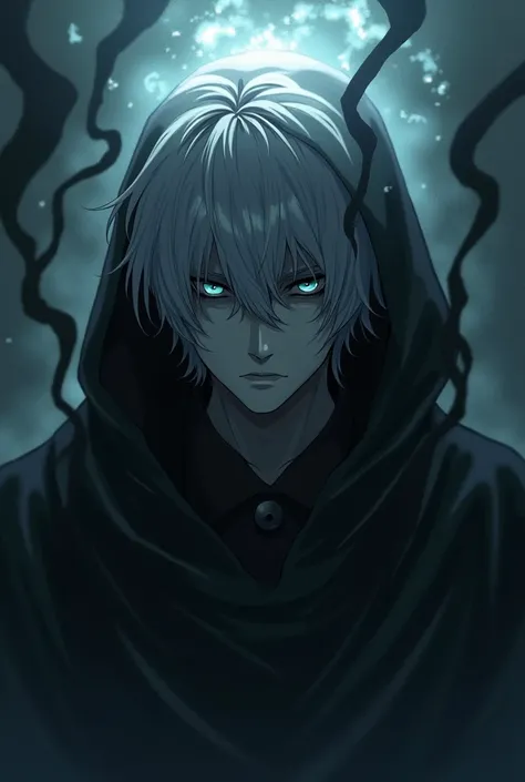 Anime style man with white hair, light eyes and dark circles in a hood being consumed by evil 
