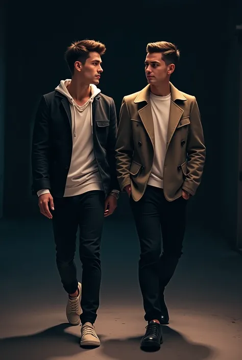 Two  young mans   walking with style 
black background  behind, 


