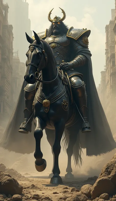 A big man riding a big horse like Raoh from Fist of the North Star,Black armor and helmet,The armor and helmets are decorated with shiny gold.,A ruined cityscape full of ruins,Ultra-realistic,Dust is flying