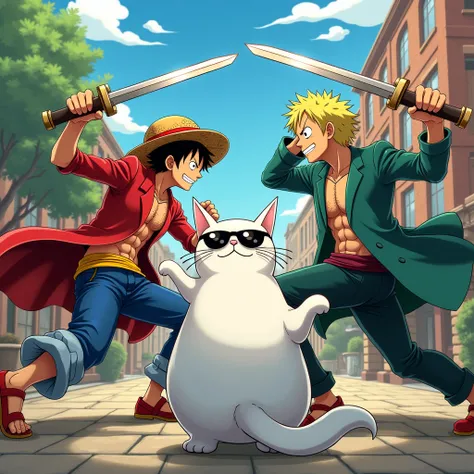 Zoro and Sanji from One Piece are having a fierce fight with a chubby white cat wearing sunglasses.