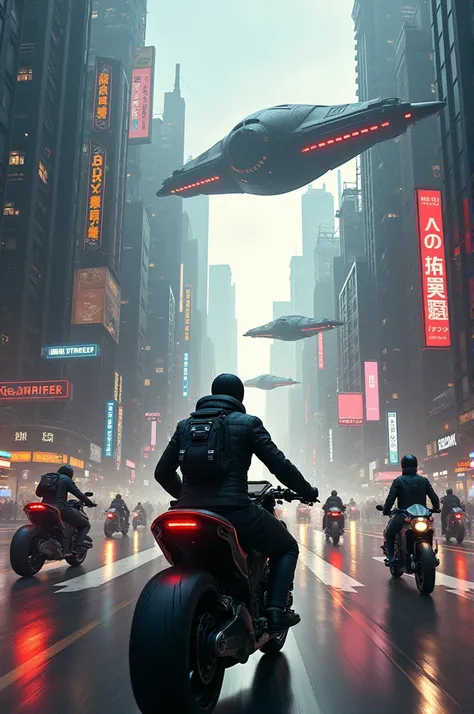 Cyberpunk, city, car, airship, motorcycles, People