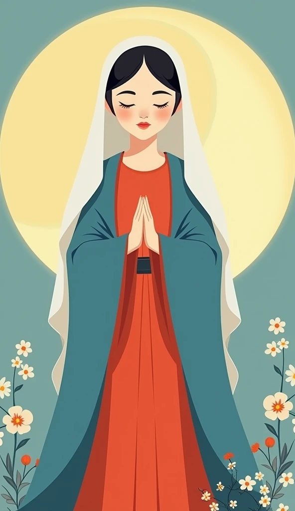 Chinese comics, Pure Virgin Mary, Red Tunic, Blue Coat, White Veil, moon, Thick outline, Flat Color