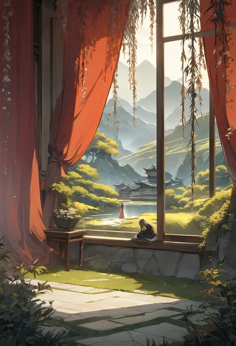 The painting style is quiet、The lighting is yellow. Home々A distant mountain々Surrounded by, The willows in the courtyard are swaying in the wind. Several layers of pale red curtains、It adds a slightly mystical atmosphere to the deep landscape.。, The woman i...