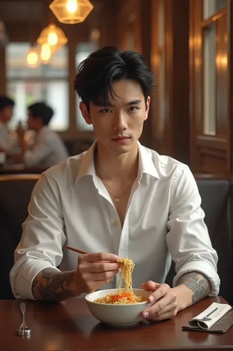 A handsome Korean man with neat hair wearing a white shirt has a tattoo on his arm., eating instant noodles at a cafe