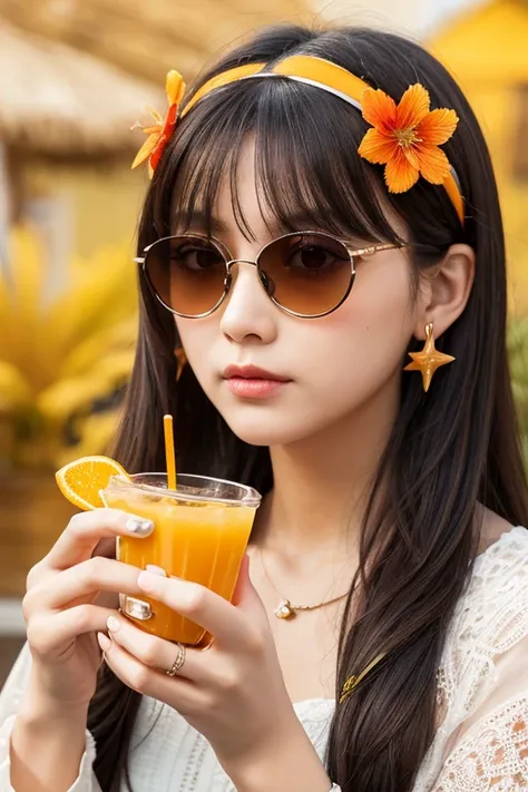 Absurd, High resolution, Super detailed, One girl, Alone, Very fine grain, Starfish, seashell, shell, flower, Have, Hair accessories, jewelry, straw Have, Staring at the audience, sunglasses, Have flower, straw, Hair Clip, earrings, red flower, Tinted Glas...