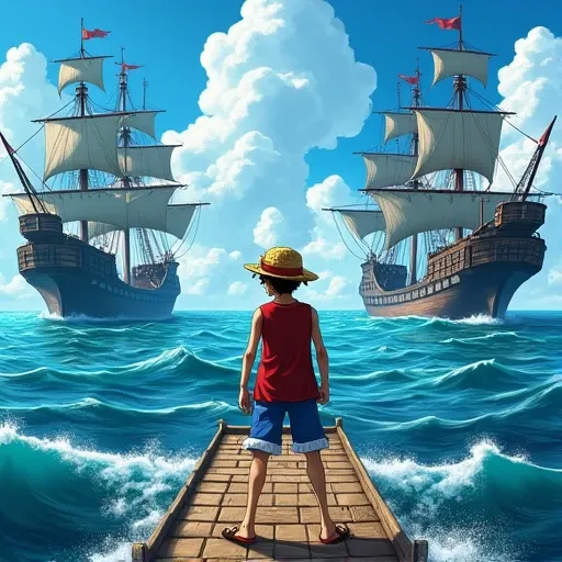 
ONEPIECE1127 Luffy rides a raft to ground zero, surrounded by big pirate ships.