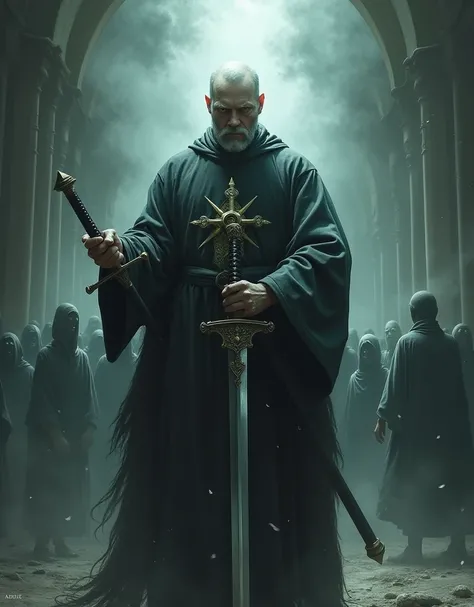 A Catholic priest with japanese odachi sword with haunted souls facing to him that hes going to fight