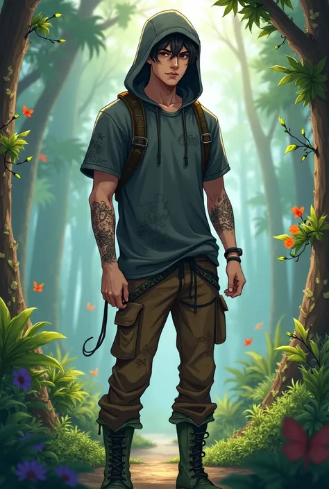 A young man wearing a worn dark gray t-shirt hoodie with mystical details on the tunic, brown pants, dark green boots, random doodle tattoos on his arm, in the anime-style forest