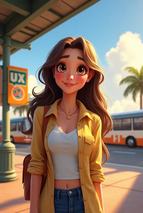 Disney Pixar drawing of a beautiful woman with long hair, cor parda, light skin, brown eyes, with big eyes, smiling excitedly at an open bus station