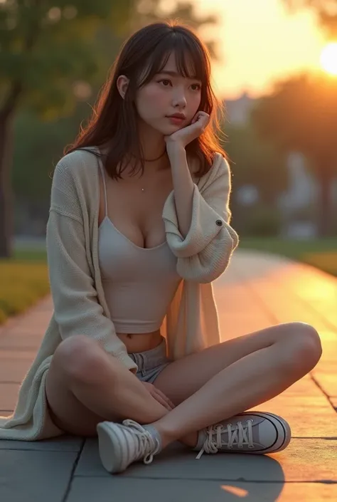 photorealism:1.2), beautiful woman, , casual dress, relaxed pose, realistic, intricate details, hair brown, Big boobs F, Wide hips, thick and beautiful legs, white skin,posing, entire plane , , looking horizon,  dress casual random, slim, almost naked, big...