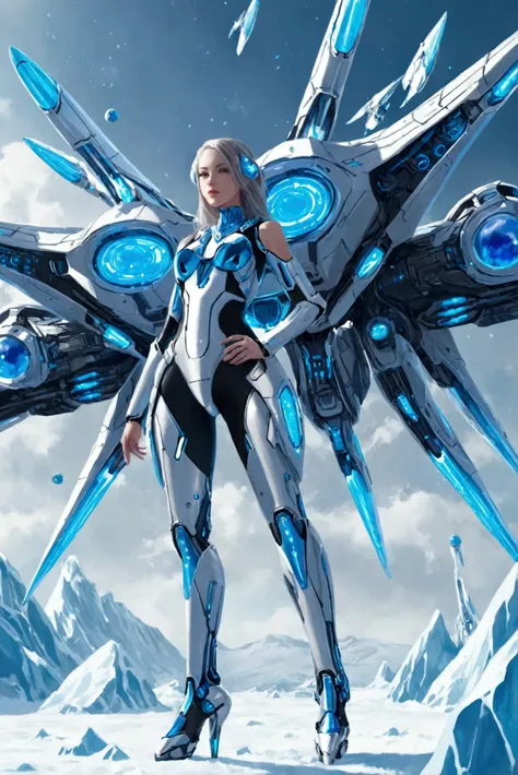 Woman with blue cybernetic armor, with LED balls on the red and chrome legs, with blue hammer, ice scenario, white and baby blue details. Floating propellers on the back, spaceship scenario 