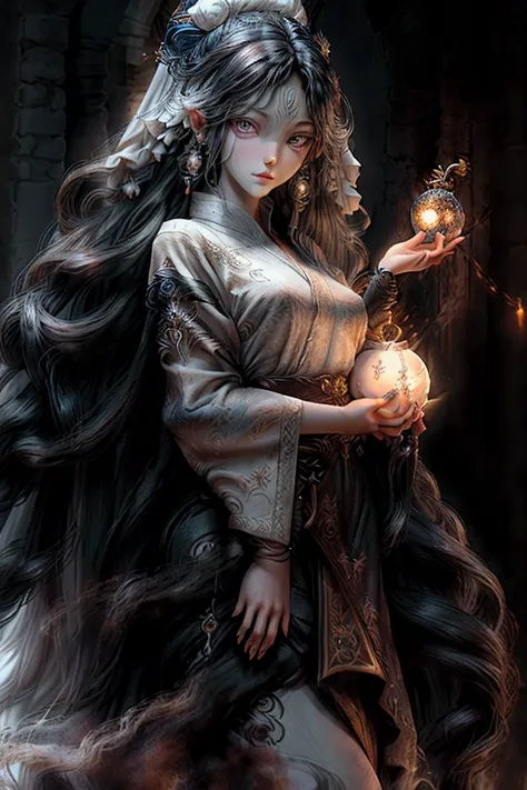 Goddess of the Night, White eyes, long black hair that turns dark blue at the end and she has little stars in her hair, Tanned skin, clothes in dark colors, holds the moon in his hands