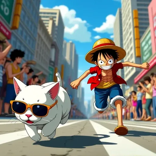 
ONEPIECE1127 Luffy desperately running after a white cat wearing sunglasses