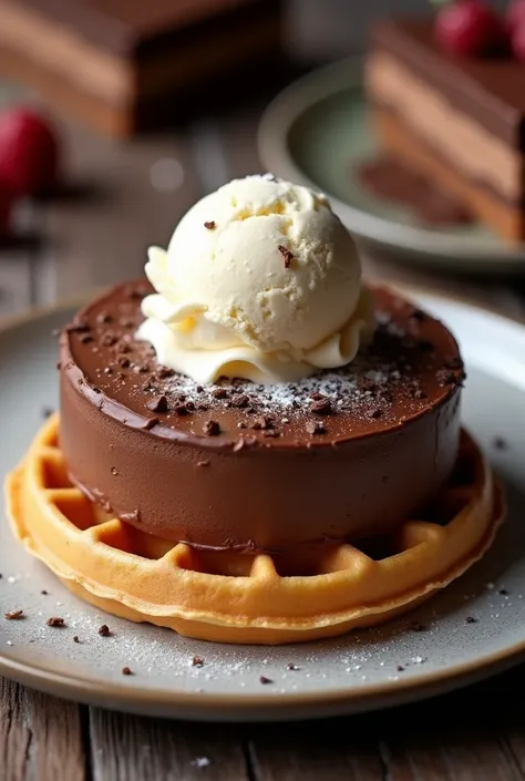 a realistic photo of an attractive display of chocolate mousse and round single layer waffle with ice cream on top and chocolate cake slices, the mood must be elegant and dreamy