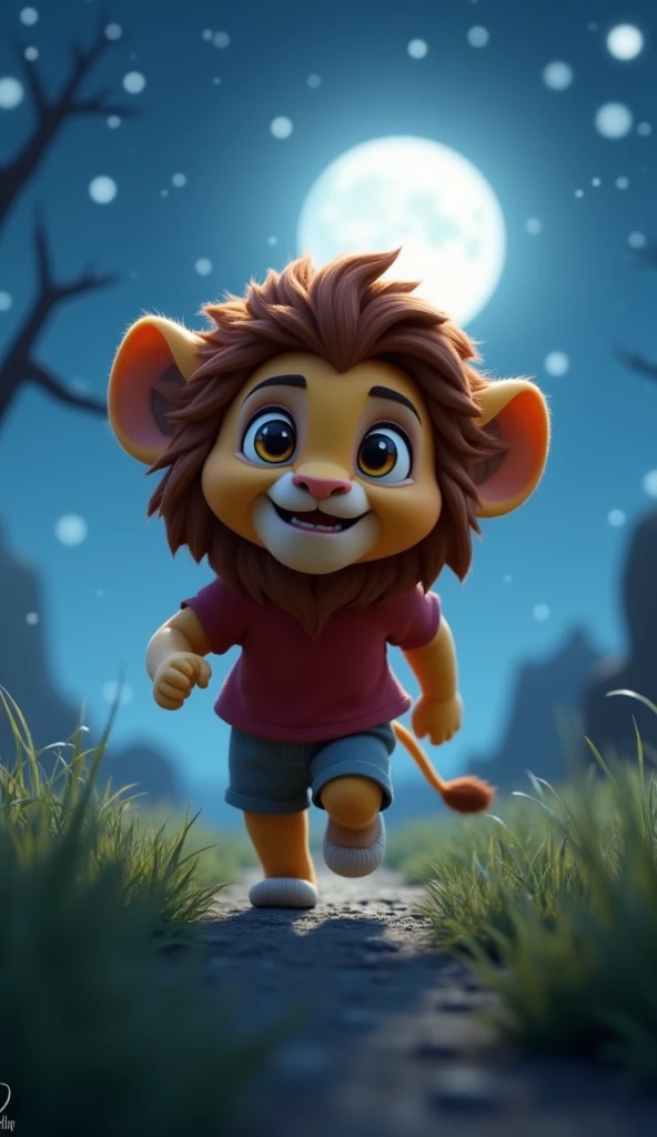 A 3d pixar style cute lion cub with a large fluffy mane and expressive ,scared and scary eyes,wearing a red shirt and grey Shorts, "Sheru looks back, but no ones there
- He hastens his pace, fearful"
. The starry night sky and full moon create a quite , sp...