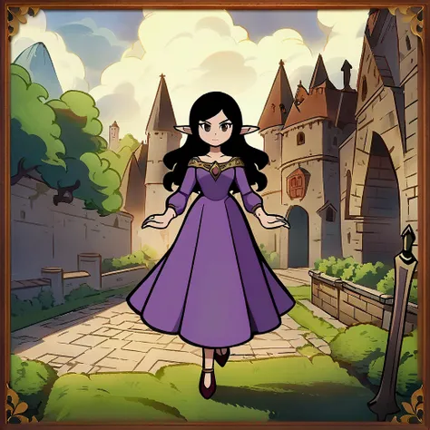 Castlevania Netflix animated show, Powerhouse Animation Studio art style, young woman, elf, long wavy black hair, dark brown eyes, fair complexion, wearing purple gold dress, royal, medieval, concept art, 2D, cartoon, game art, dynamic pose, garden backgro...