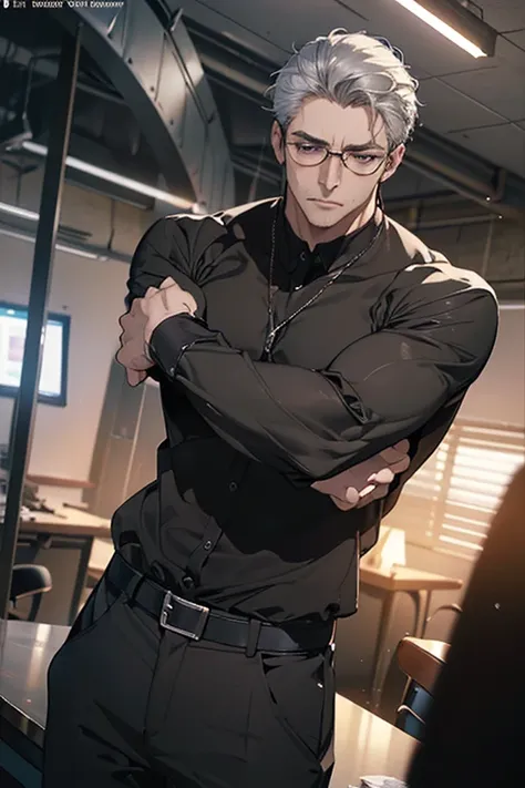 A mature, muscular man with short black and gray hair, blue eyes, and a perfect face without mistakes, wearing glasses, standing with an imposing posture in an office background, under cinematic lighting, (best quality, 4k, 8k, high resolution, masterpiece...