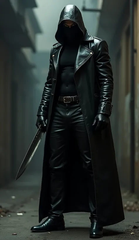 Masked Criminal guy in full leather and knife